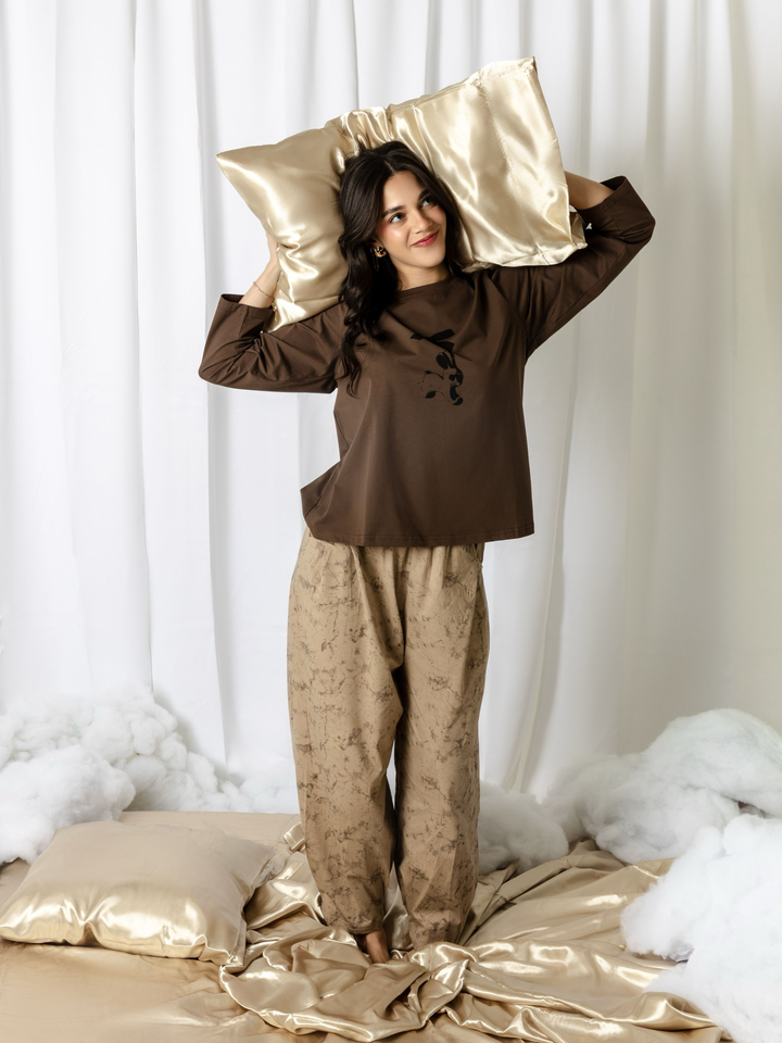 Pijama Mujer Algodón Cacao Serenity – Set de 2 Piezas Manga Larga Casual