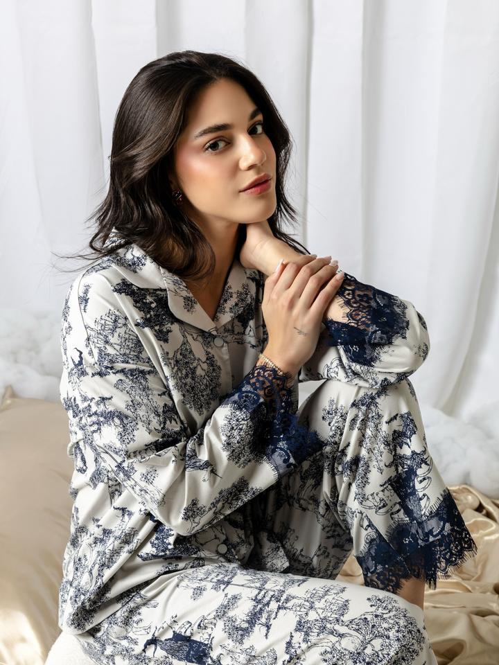 Pijama Mujer Algodón Azul Nocturno con Encaje – Set de 2 Piezas Manga Larga