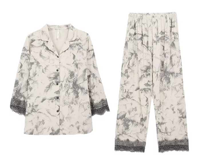 Pijama Mujer Algodón Storm Gray con Encaje – Set de 2 Piezas Manga Larga