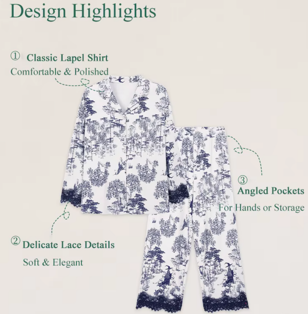 Pijama Mujer Algodón Azul Nocturno con Encaje – Set de 2 Piezas Manga Larga