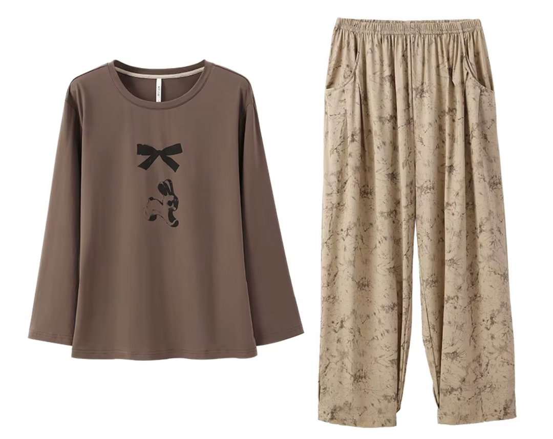 Pijama Mujer Algodón Cacao Serenity – Set de 2 Piezas Manga Larga Casual