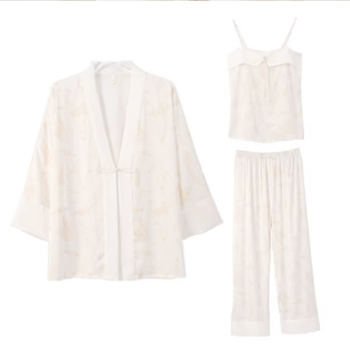 Pijama Mujer Satinada Ivory Serenity – Set de 3 Piezas con Kimono, Top y Pantalón Largo